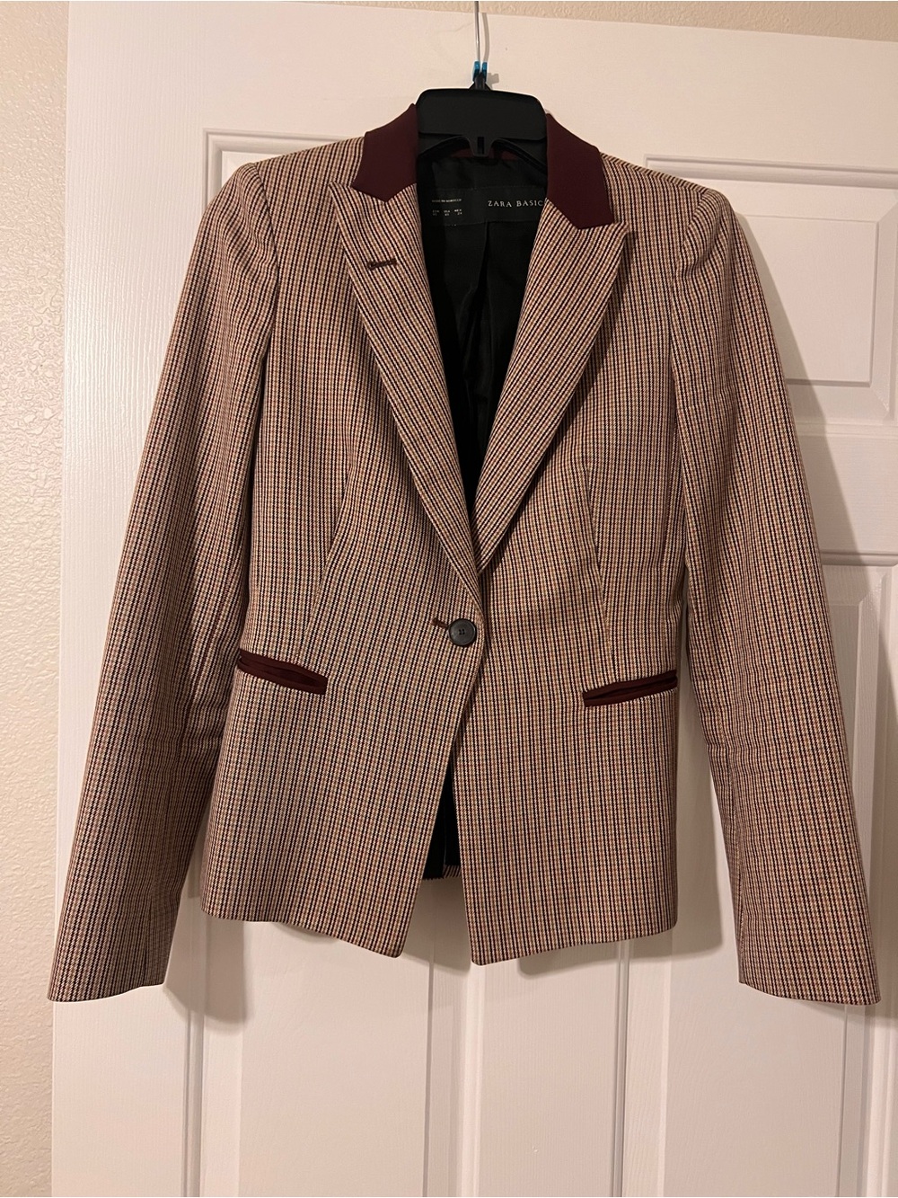 Zara Two-Tone Brown Plaid Blazer with Burgundy Trim